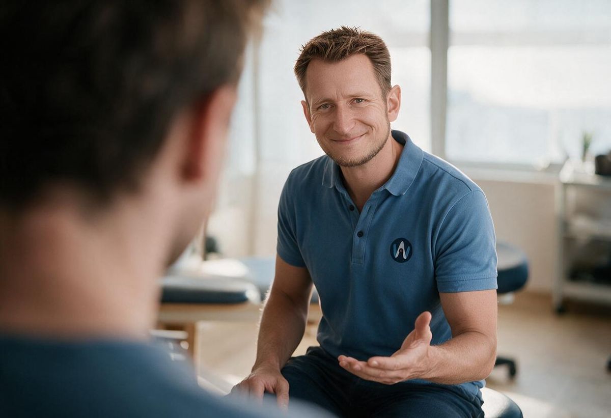 Physiotherapeut Adriano Windorf im Gespräch mit einem Patienten in seiner Praxis in Ladenburg